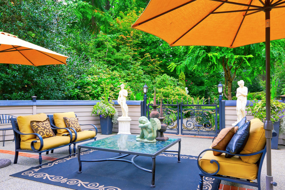 Backyard patio with table and chairs